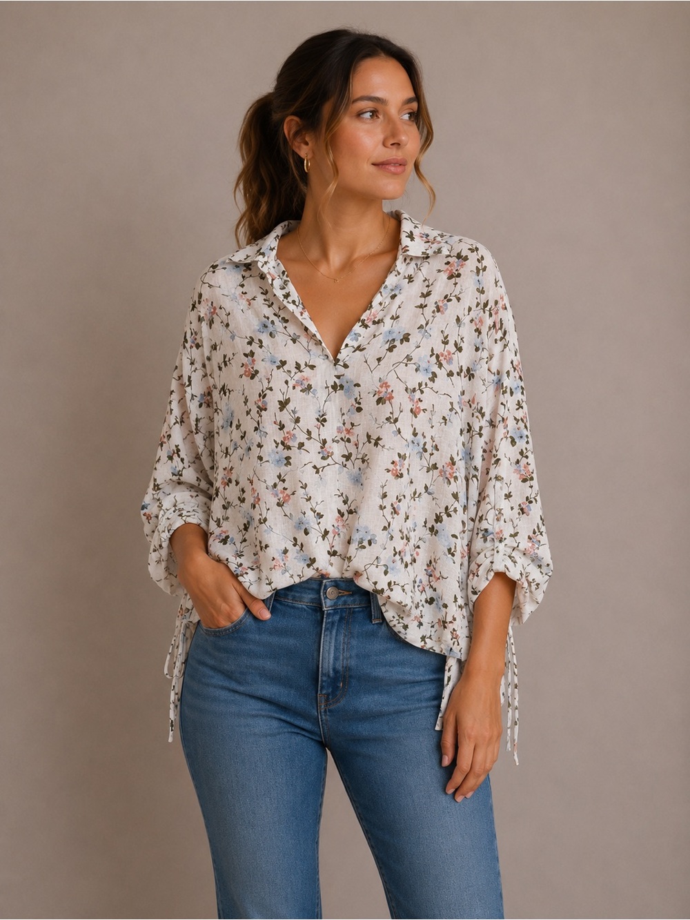 NWOT Laura Ashley 100% Linen Pullover Top 3/4 Sleeve Ties Floral White Blue 2X